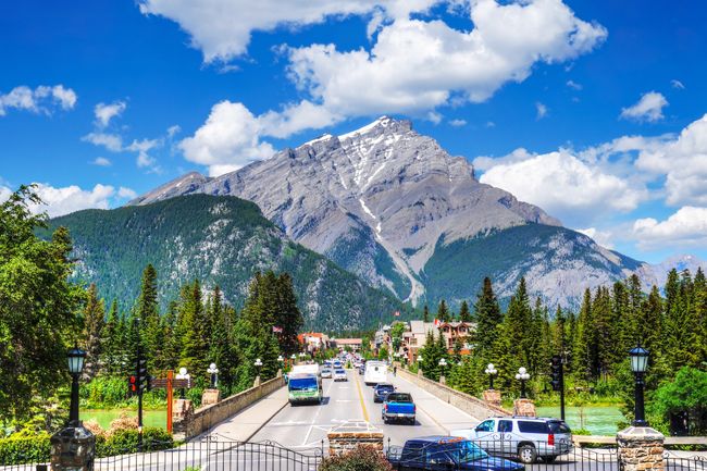 street in Banff National Park with mountain backdrop