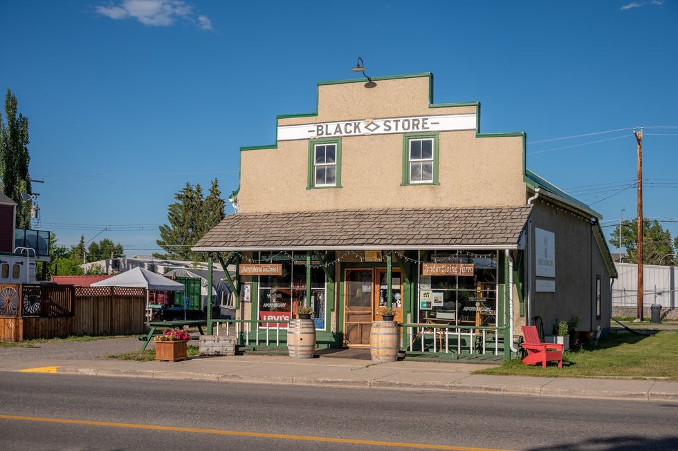 Black Diamond, Alberta - July 16, 2022: Storefronts in the rural town of Black Diamond, a popular destination south of Calgary.