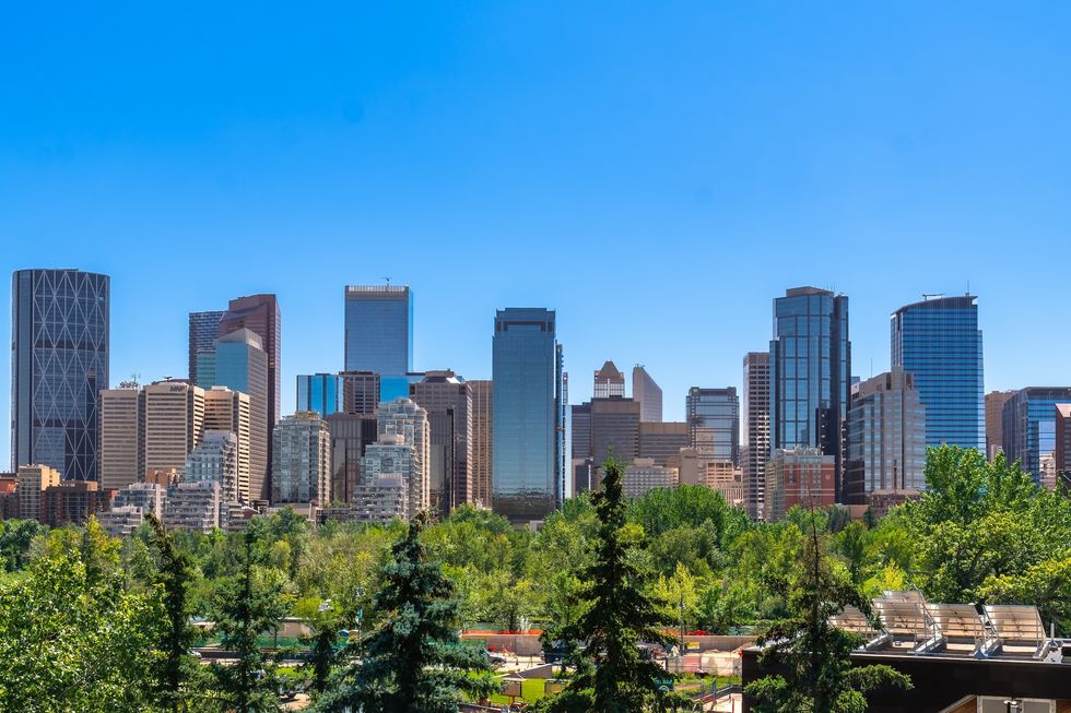 Modern skyscrapers rise above a foreground of lush green trees in calgary, alberta, canada, creating a vibrant cityscape against a clear blue sky