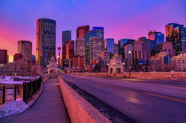 Downtown Calgary skyline at sunrise