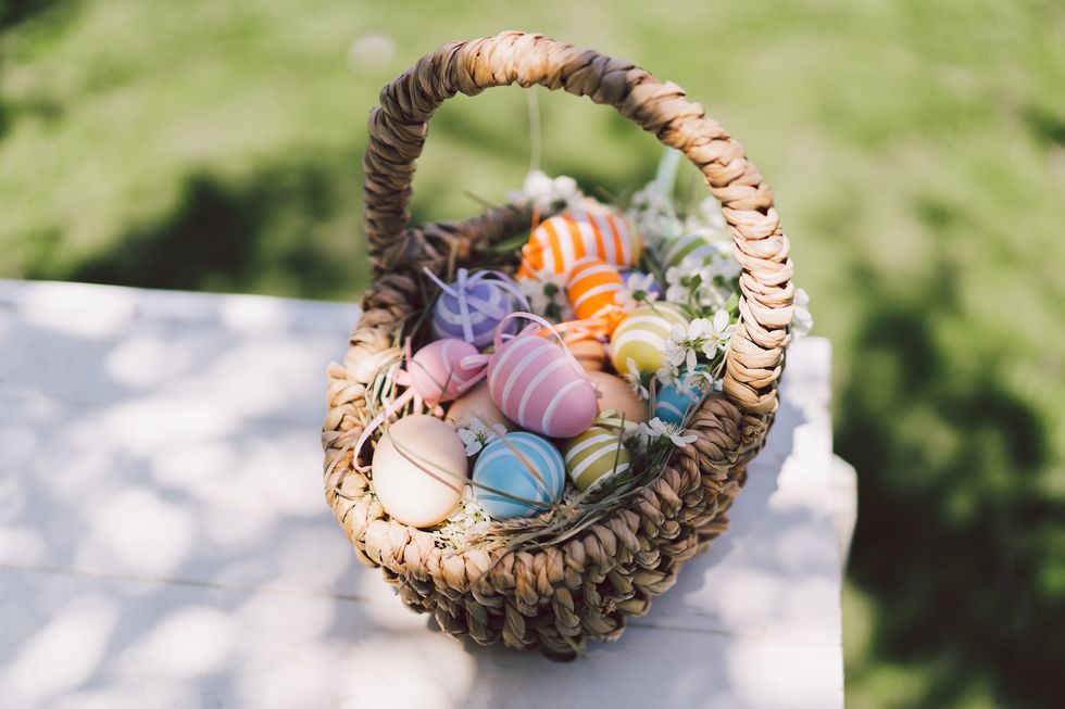 Easter holiday. Basket with easter decorative eggs in the garden.