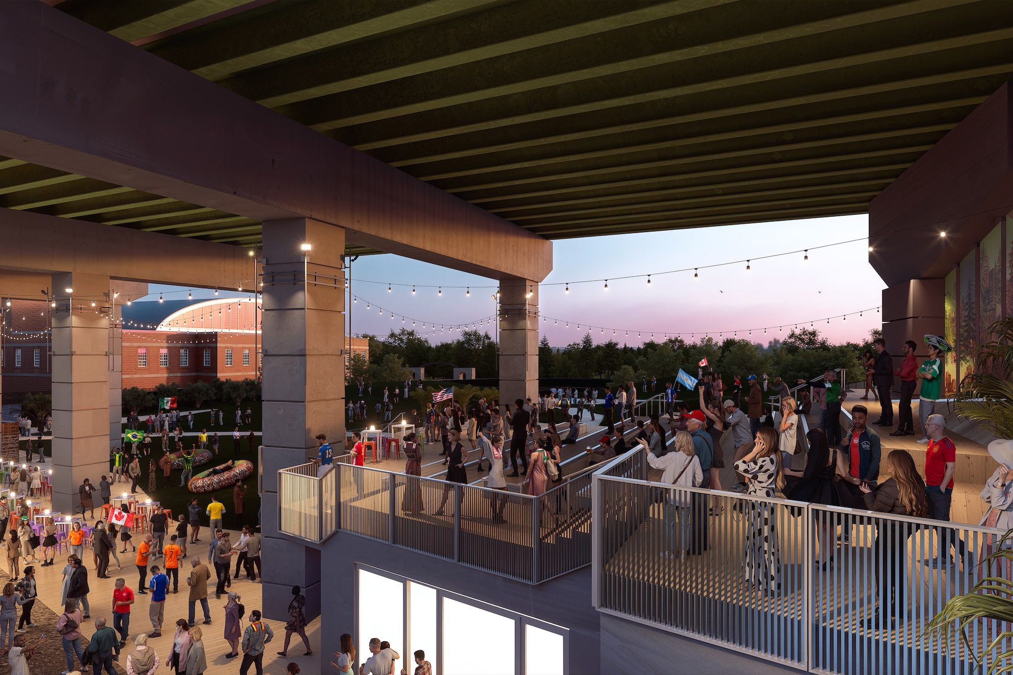 Lounge chairs made of soccer balls and glowing flags are taking over The Bentway this summer