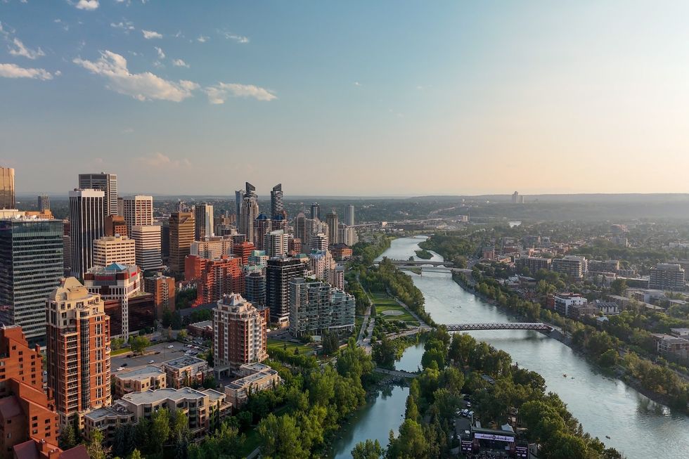 Aerial view of Calgary skyline on a beautiful summer sunset, Alberta - Canada.