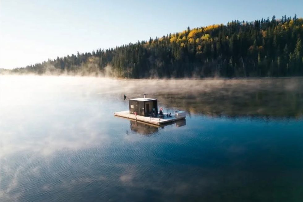  aerial photo of floating sauna at Glamp Good in Wetaskawin, Alta,