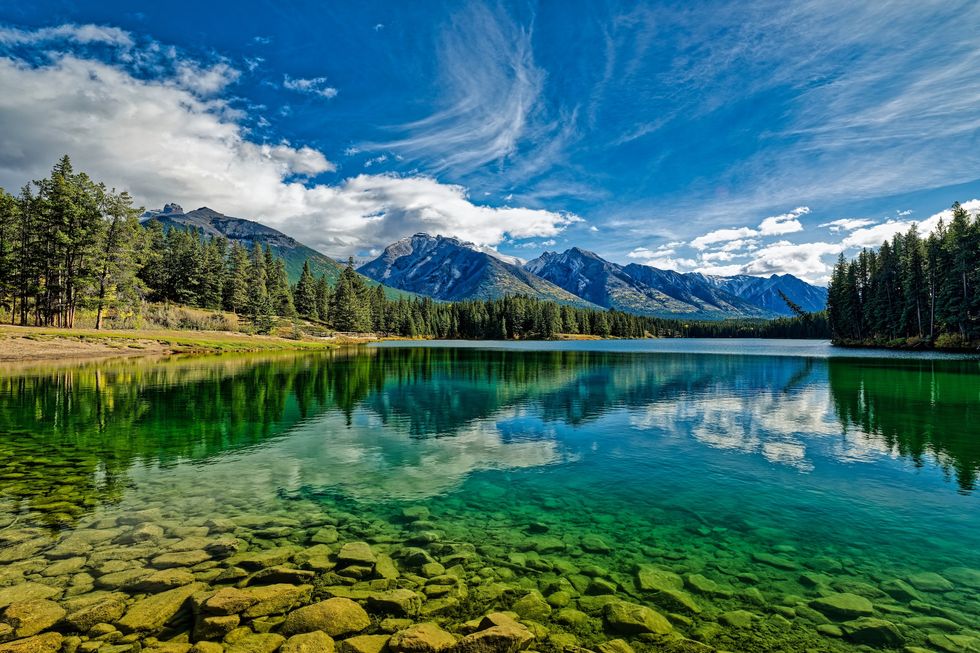 Reflection shot at Johnson Lake, Banff National Park in Alberta, Canada