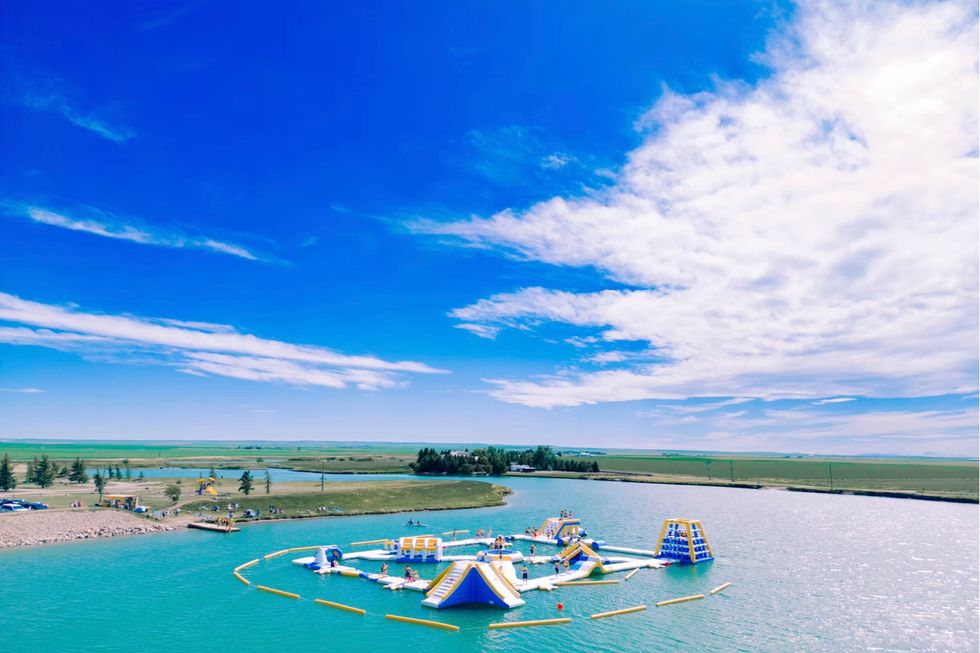Outdoor waterpark on lake in Lethbridge, Alta.