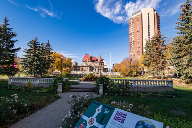 Lougheed House National and Provincial Historic Site on a mostly clear day outside the Beaulieu Gardens in Calgary, Alberta, Canada