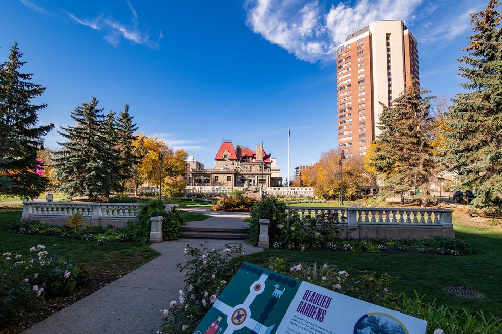 Lougheed House National and Provincial Historic Site on a mostly clear day outside the Beaulieu Gardens in Calgary, Alberta, Canada