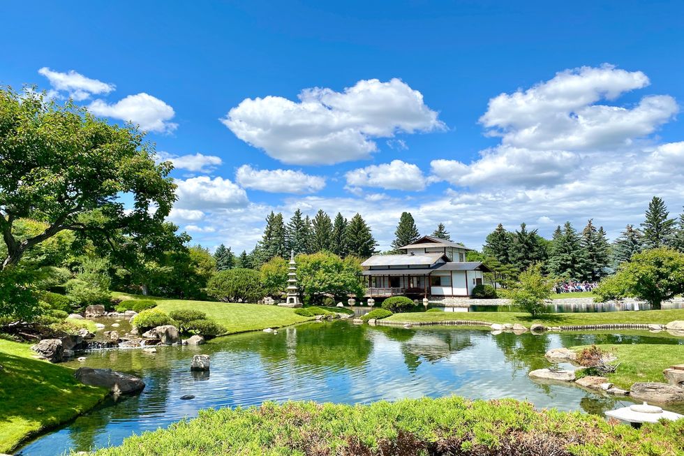 a wide view of the Nikka Yuko Japanese Garden near Henderson Lake in Lethbridge, Alberta, Canada.