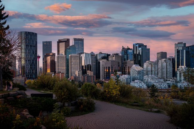A view of Calgary city with its skyscrapers and beautiful sunset in the background, Alberta, Canada