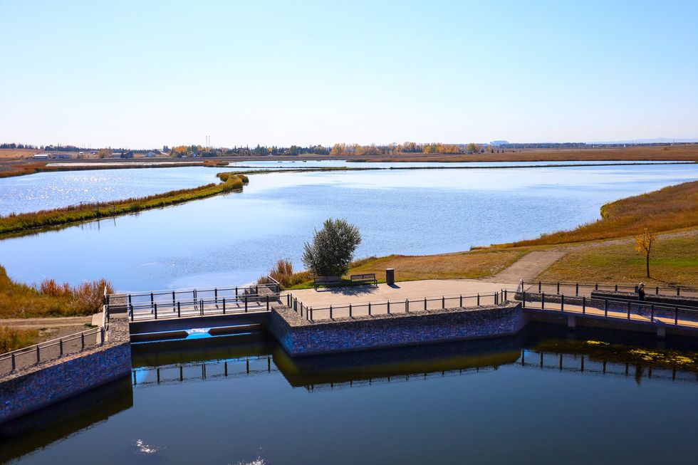 Pedestrian bridge perspective in the Canadian wetlands in autumn Pedestrian bridge perspective in the Canadian wetlands in autumn
