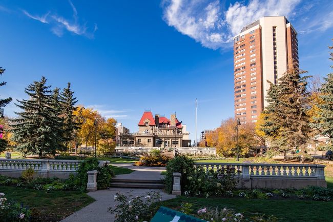 Lougheed House National and Provincial Historic Site on a mostly clear day outside the Beaulieu Gardens in Calgary, Alberta, Canada