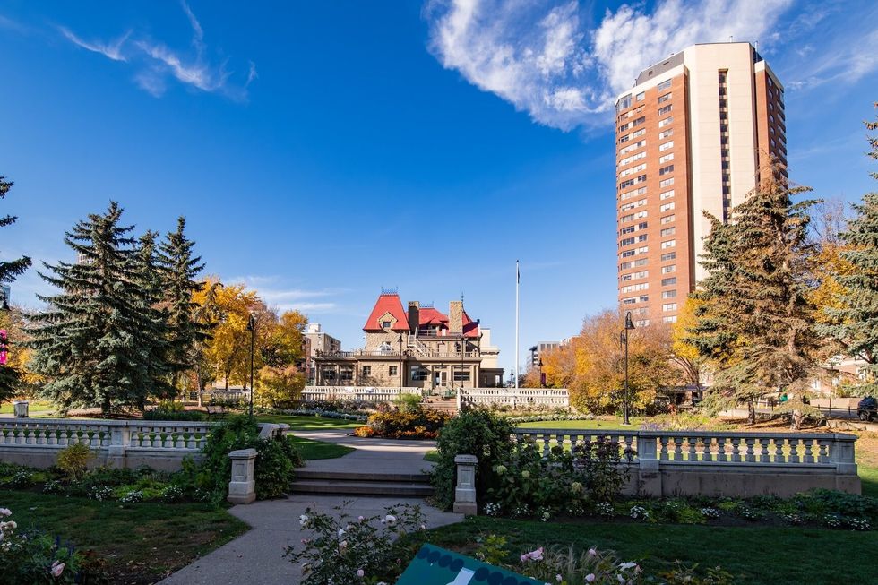 Lougheed House National and Provincial Historic Site on a mostly clear day outside the Beaulieu Gardens in Calgary, Alberta, Canada