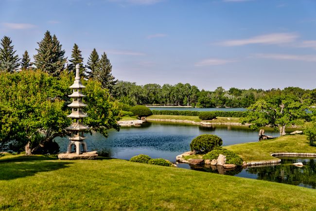 Lethbridge, Alberta - July 5, 2021: Scenery in the Nikka Yuko Japanese Gardens attraction in Lethbridge