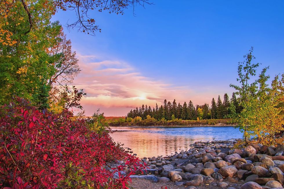 Colorful fall sunrise over the Bow river