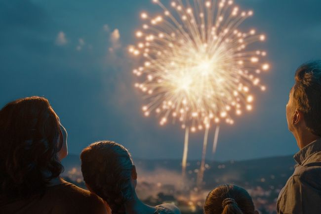Silhouetted Family Watching Fireworks at Dusk