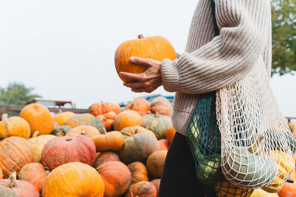 Young woman with mesh shopping bags choosing pumpkins at farm shop. People sustain farm production by buying products at local market. Sustainable lifestyle concept. Autumn harvest products market